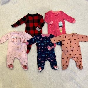 Set of 5 Size 3 months & 0-3 months baby girl pajama onesies